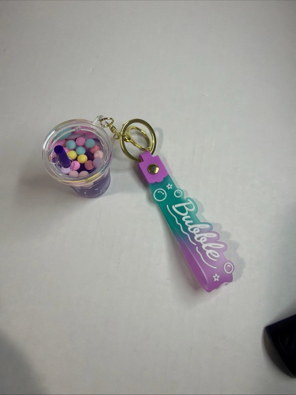 Bubble Gradient Silicone Keychain with Mini Drink Charm - Purple & Teal